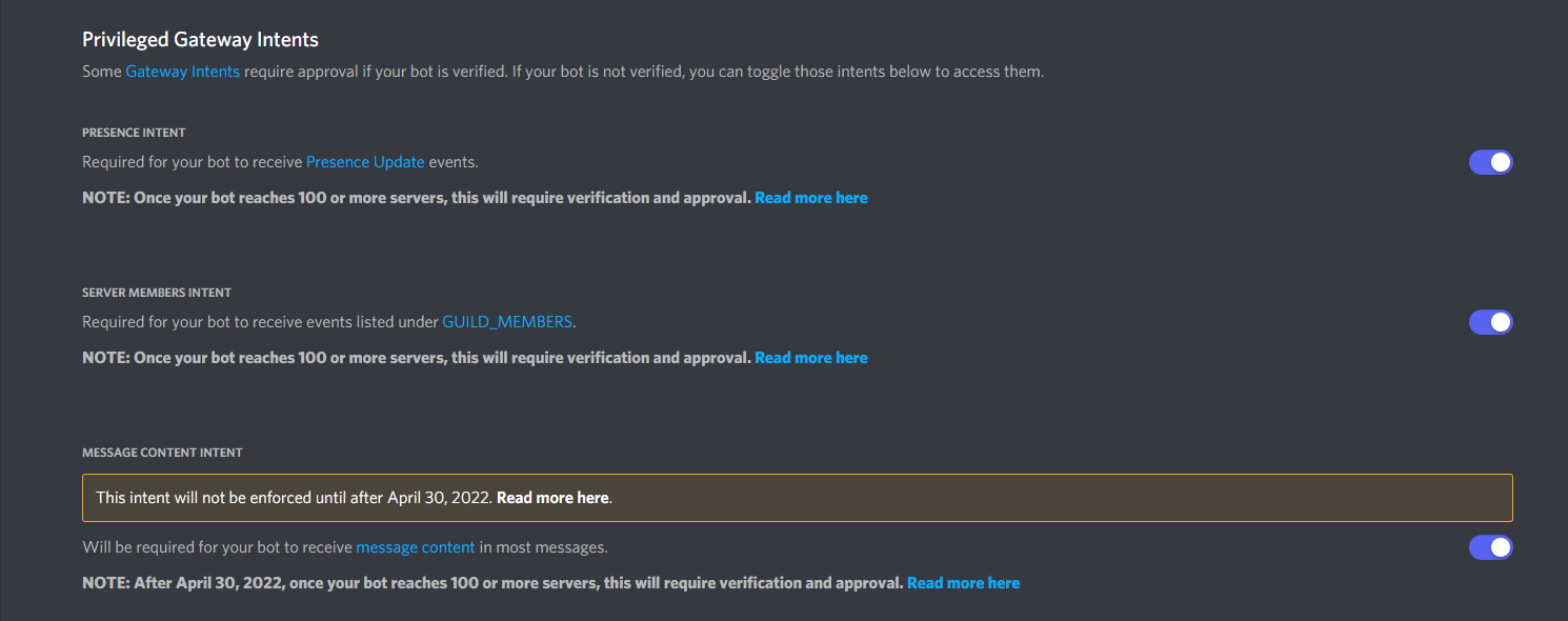 The privileged gateway intents selector.